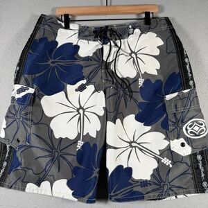 Maui Built Men Hibiscus Floral Board Shorts Grey Navy White Size 36 Cargo Pocket